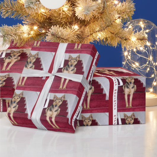 ハッピーホリデーズドイツシェパードラッピング紙 ラッピングペーパー (クリスマス)