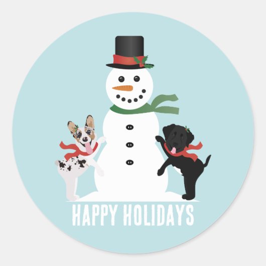 ハッピーホリデーズドッグ建物A雪だるま ラウンドシール (正面)