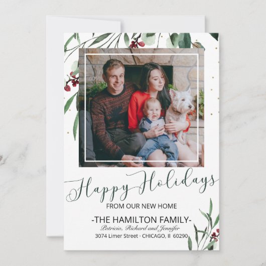 ハッピーホリデーズニューホームムービングアナウンスメントフォト シーズンカード (正面)