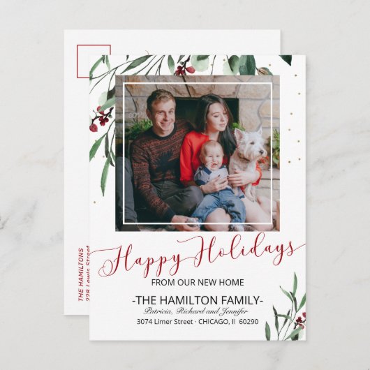 ハッピーホリデーズニューホームムービングアナウンスメントフォト シーズンポストカード (正面/裏面)