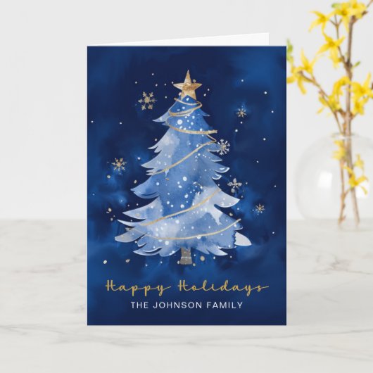 ハッピーホリデーズネイビーエレガント金ゴールドクリスマス カード (黄色い花)