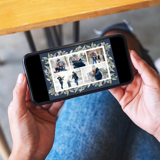 ハッピーホリデーズネイビーブルーフローラフォトコラージュ シーズンカード