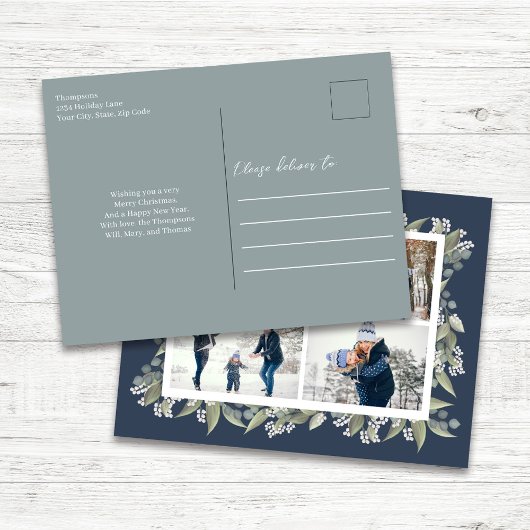 ハッピーホリデーズネイビーブルーフローラフォトコラージュ シーズンポストカード