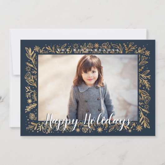 ハッピーホリデーズネイビー&金ゴールドリーフ&スノーフレーク シーズンカード (正面)