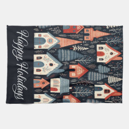 ハッピーホリデーズノルディッククリスマスビレッジパターン キッチンタオル