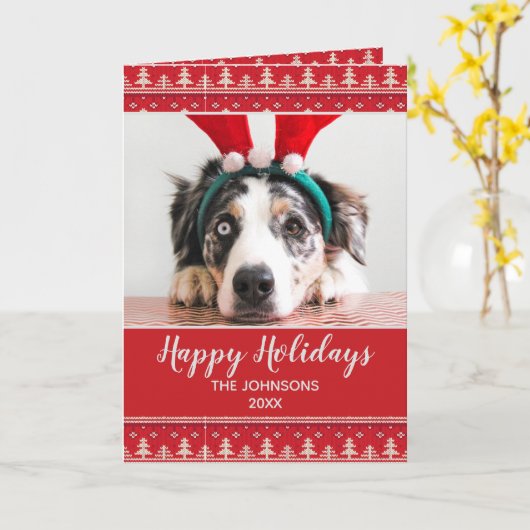 ハッピーホリデーズノルディックパターンフォトグリーティング カード (黄色い花)