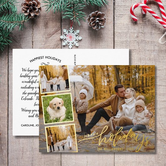 ハッピーホリデーズハンドレターフォトコラージュ金ゴールド 箔シーズンポストカード
