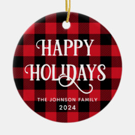 ハッピーホリデーズバッファローチェックファミリーフォト セラミックオーナメント