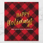 ハッピーホリデーズバッファロープレイドと金ゴールドクリスマス ワインラベル (シングルラベル)