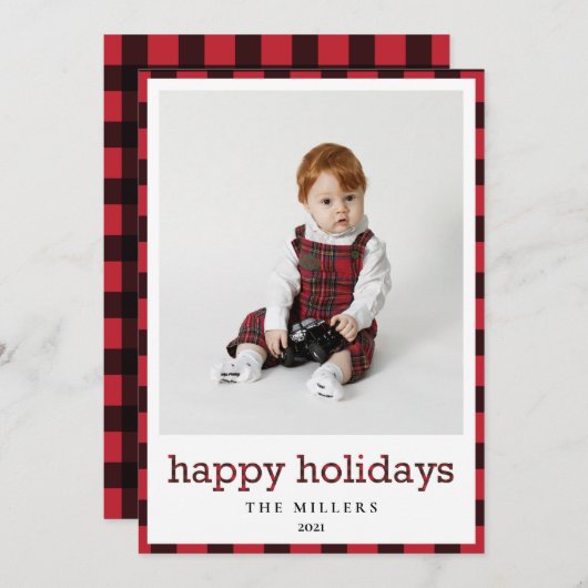 ハッピーホリデーズバッファロープレイドクリスマスフォトカード シーズンカード (正面/裏面)