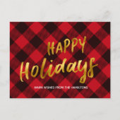 ハッピーホリデーズバッファローレッドプレイド金ゴールドクリスマス シーズンポストカード (正面)