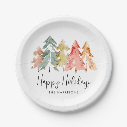 ハッピーホリデーズパインツリーウォーターカラークリスマス ペーパープレート (正面)