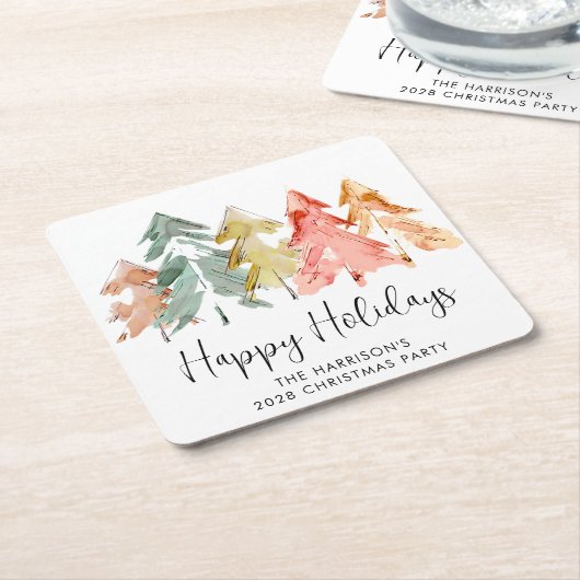 ハッピーホリデーズパインツリークリスマスパーティー スクエアペーパーコースター (アングル)