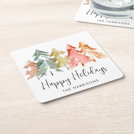 ハッピーホリデーズパインツリーズウォーターカラークリスマス スクエアペーパーコースター (アングル)