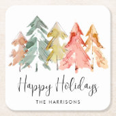 ハッピーホリデーズパインツリーズウォーターカラークリスマス スクエアペーパーコースター (正面)