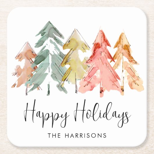 ハッピーホリデーズパインツリーズウォーターカラークリスマス スクエアペーパーコースター (正面)
