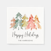 ハッピーホリデーズパインツリーズウォーターカラークリスマス スタンダードカクテルナプキン (正面)