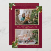 ハッピーホリデーズパインブランチ金ゴールドアクセント写真 シーズンカード (正面/裏面)