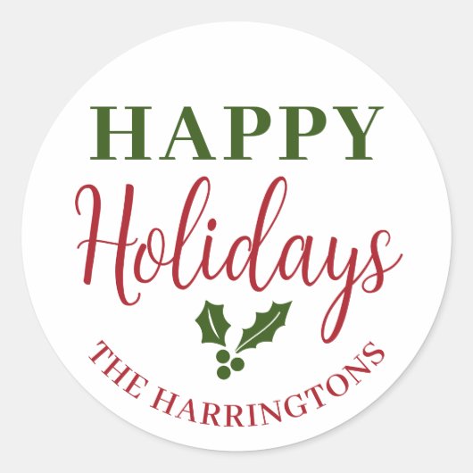 ハッピーホリデーズパーソナライズされた家族名 ラウンドシール (正面)
