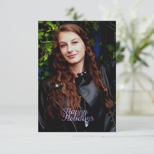 ハッピーホリデーズパープル宇宙銀河系タイポグラフィ カード (スタンド正面)