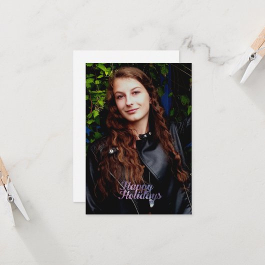 ハッピーホリデーズパープル宇宙銀河系タイポグラフィ カード (正面/裏面インサイチュ)