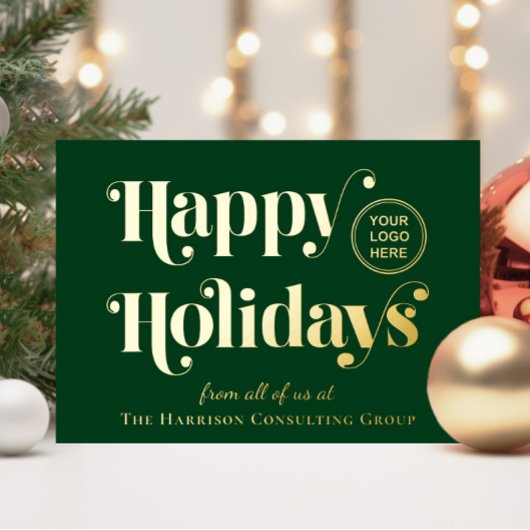 ハッピーホリデーズビジネスロゴグリーンクリスマス金ゴールド 箔シーズンカード