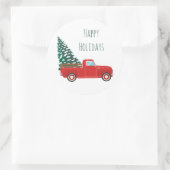 ハッピーホリデーズピックアップトラッククリスマスツリーレッド ラウンドシール (バッグ)