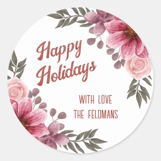 ハッピーホリデーズピンクローゼズブルガンディコスモス ラウンドシール (正面)