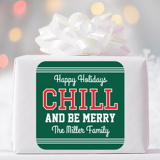 ハッピーホリデーズファミリーネームおもしろいレトログリーンレッド スクエアシール