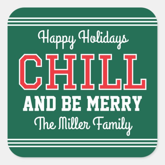 ハッピーホリデーズファミリーネームおもしろいレトログリーンレッド スクエアシール (正面)
