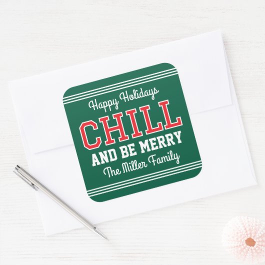 ハッピーホリデーズファミリーネームおもしろいレトログリーンレッド スクエアシール (封筒)