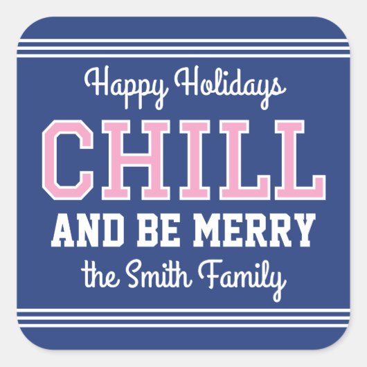 ハッピーホリデーズファミリーネームレトロおもしろいネイビーピンク スクエアシール (正面)