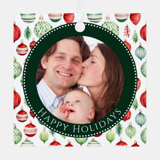 ハッピーホリデーズファミリーフォトキープサケ メタルオーナメント (正面)