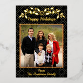 ハッピーホリデーズファミリーフォトネームブラック金ゴールド 箔シーズンカード (正面)