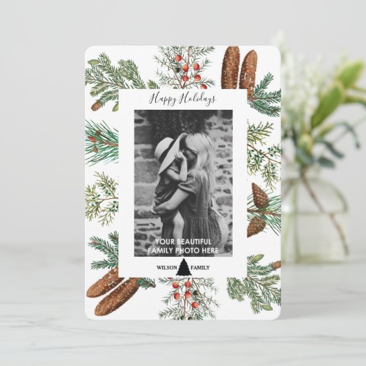 ハッピーホリデーズファミリーフォトパインクリスマスカード (スタンド正面)
