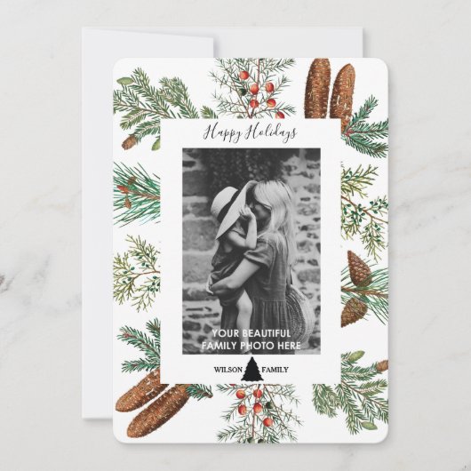 ハッピーホリデーズファミリーフォトパインクリスマスカード (正面)