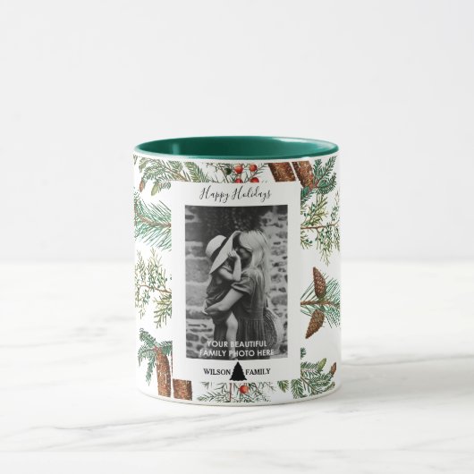 ハッピーホリデーズファミリーフォトパインクリスマス マグカップ (中央)