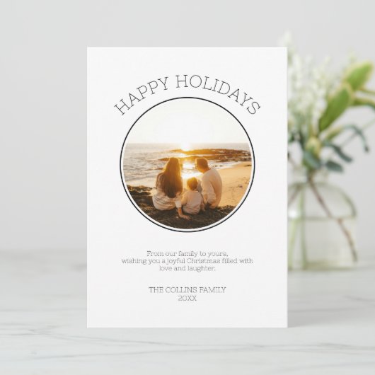 ハッピーホリデーズファミリーフォトブラックモダンクリスマス シーズンカード (スタンド正面)