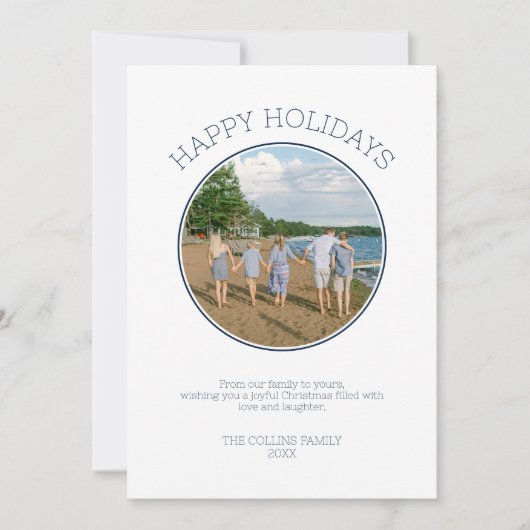 ハッピーホリデーズファミリーフォトブルーモダンクリスマス シーズンカード (正面)
