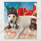 ハッピーホリデーズフェスティバルかわいい犬と〔雄ジカの〕枝角 ワインラベル (シングルラベル)