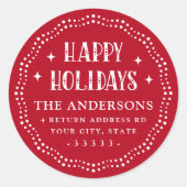 ハッピーホリデーズフェスティバルフォント縁どドットレッド ラウンドシール (正面)
