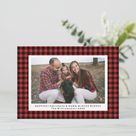 ハッピーホリデーズフォトおもしろいバッファローチェックプレイド シーズンカード (スタンド正面)