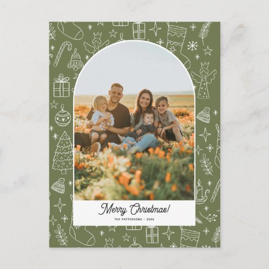 ハッピーホリデーズフォトアーチ、おもしろいドードルスケッチ シーズンポストカード (正面)