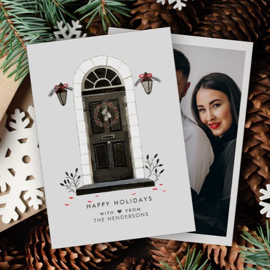 ハッピーホリデーズフォトウォーターカラーフロントドア シーズンカード
