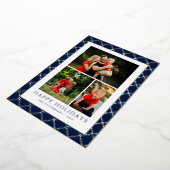 ハッピーホリデーズフォトコラージュブルーチェッククリスマス 箔シーズンカード (回転した状態)