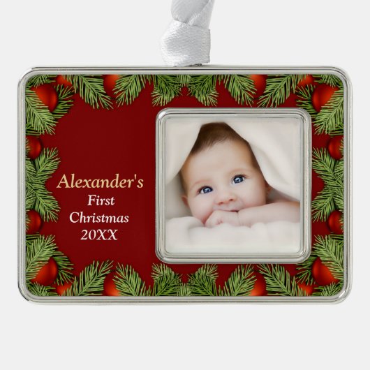 ハッピーホリデーズフォトファミリーベビーファースト シルバープレートフレームオーナメント (正面)