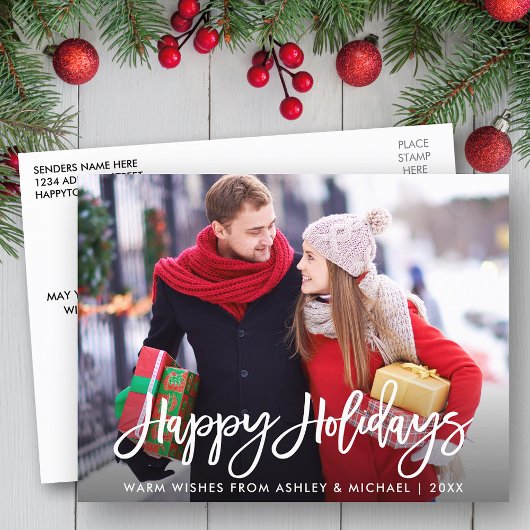 ハッピーホリデーズフォトブモダンラシスクリプト ポストカード