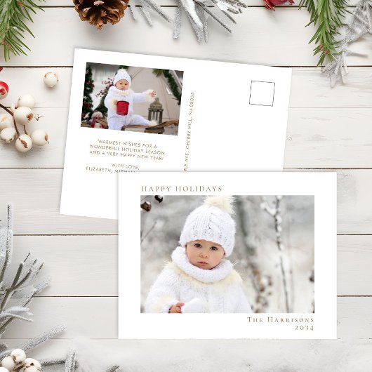 ハッピーホリデーズフォトホワイト金ゴールドクリスマス シーズンポストカード