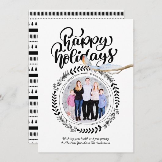 ハッピーホリデーズフォトモダンフェスティバルロビンクリスマス 招待状 (正面/裏面)