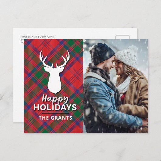 ハッピーホリデーズフォトレッドグリーンプレイドタータンチェック シーズンポストカード (正面/裏面)